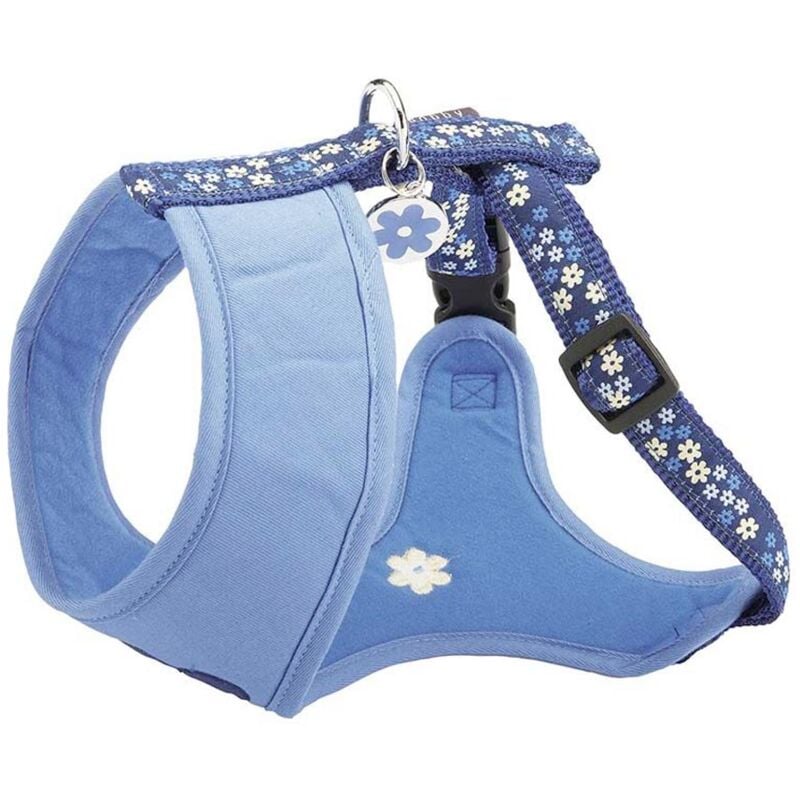 foto del prodotto croci pettorina modello flower con imbottitura morbida e chiusura a click blu per cani
