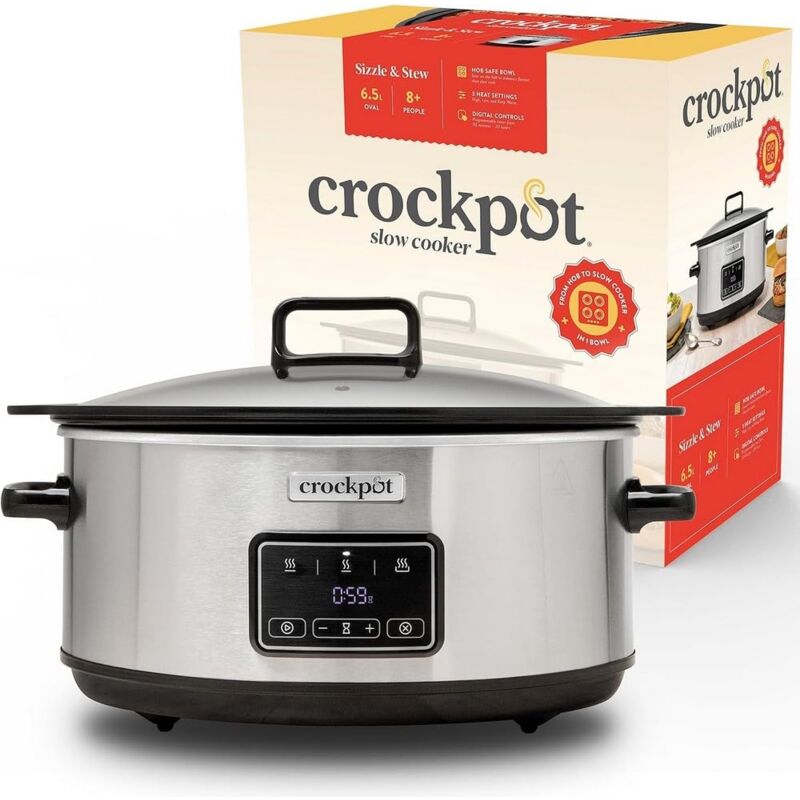 foto del prodotto crockpot sizzle stew digital slow cooker 3.5 l 3 4 persone ciotola rimovibile a induzione per la cottura di carni e verdure, presa ue a 2 pin,