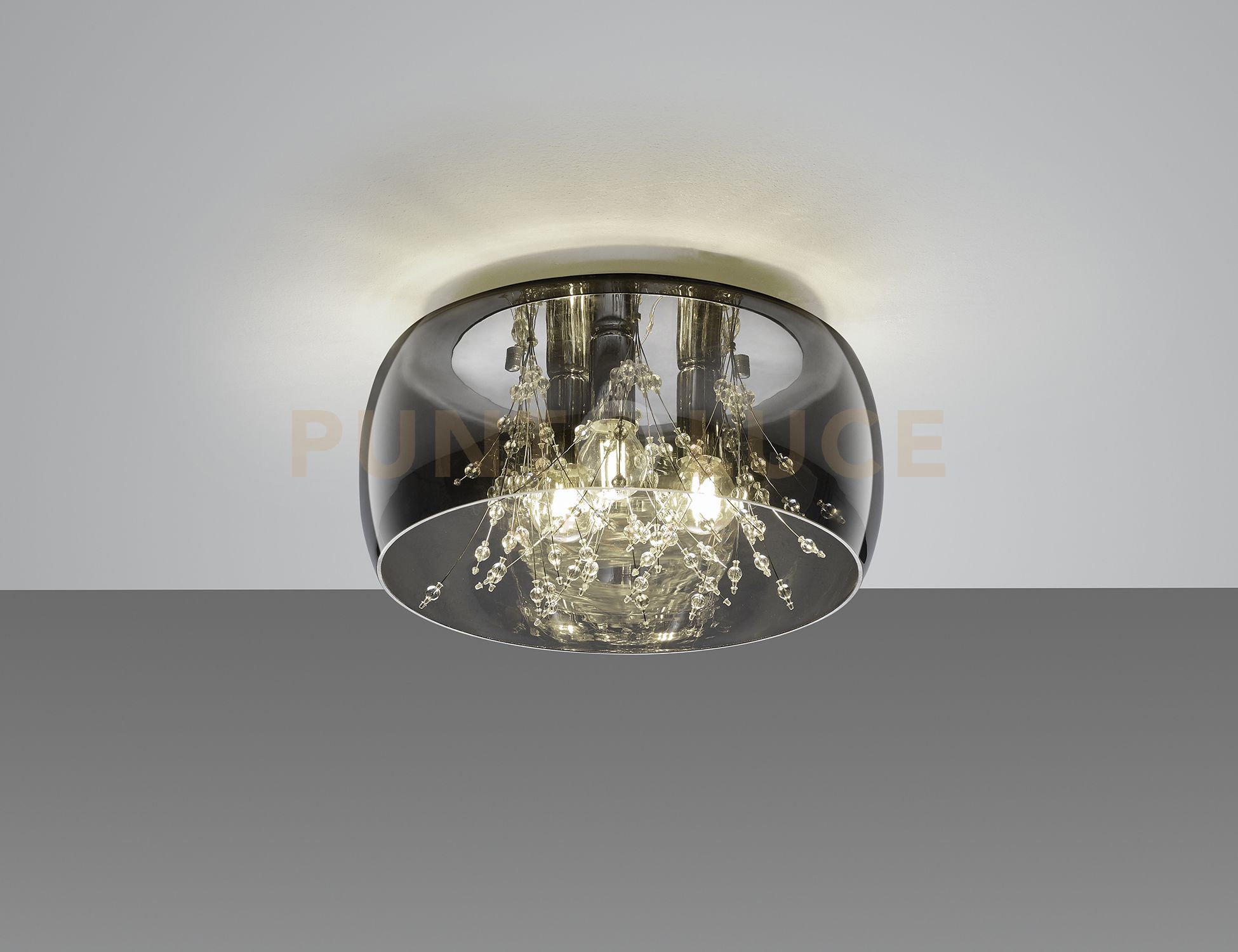 foto del prodotto crystel plafoniera metallo cromato vetro fume cromato con decori effetto cristallo d. 34cm 3 luci attacco e14