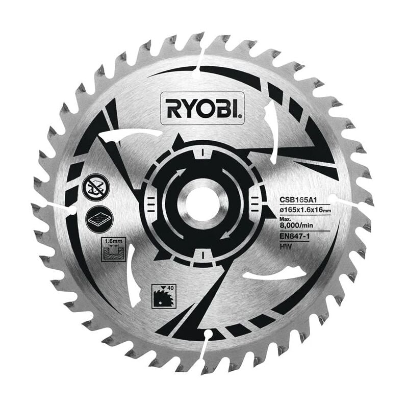 foto del prodotto csb165a1 lama sega circolare 165mm 16mm 1,6mm 40t legno r18cs ryobi