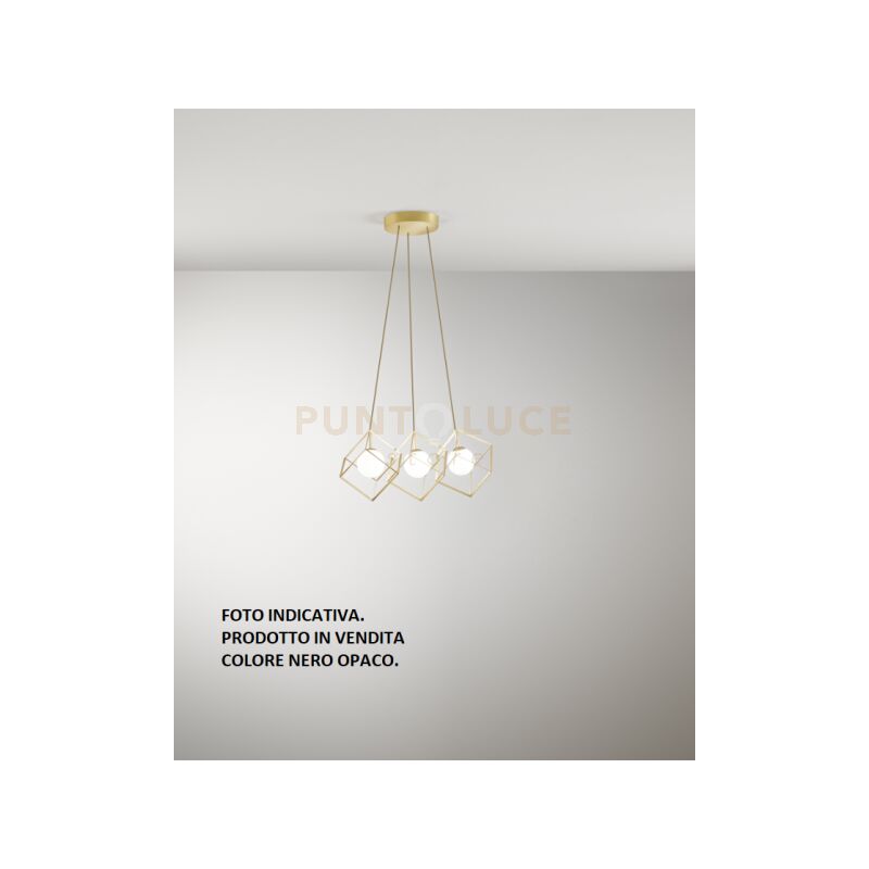 foto del prodotto cube sospensione 3 luci in metallo colore nero opaco cubica con diffusore sferico vetro bianco attacco g9