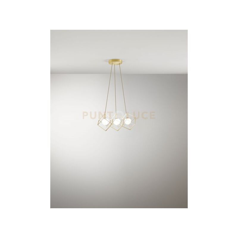 foto del prodotto cube sospensione 3 luci in metallo colore oro opaco cubica con diffusore sferico vetro bianco attacco g9