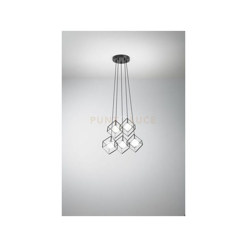 foto del prodotto cube sospensione 5 luci in metallo colore nero opaco cubica con diffusore sferico vetro bianco attacco g9
