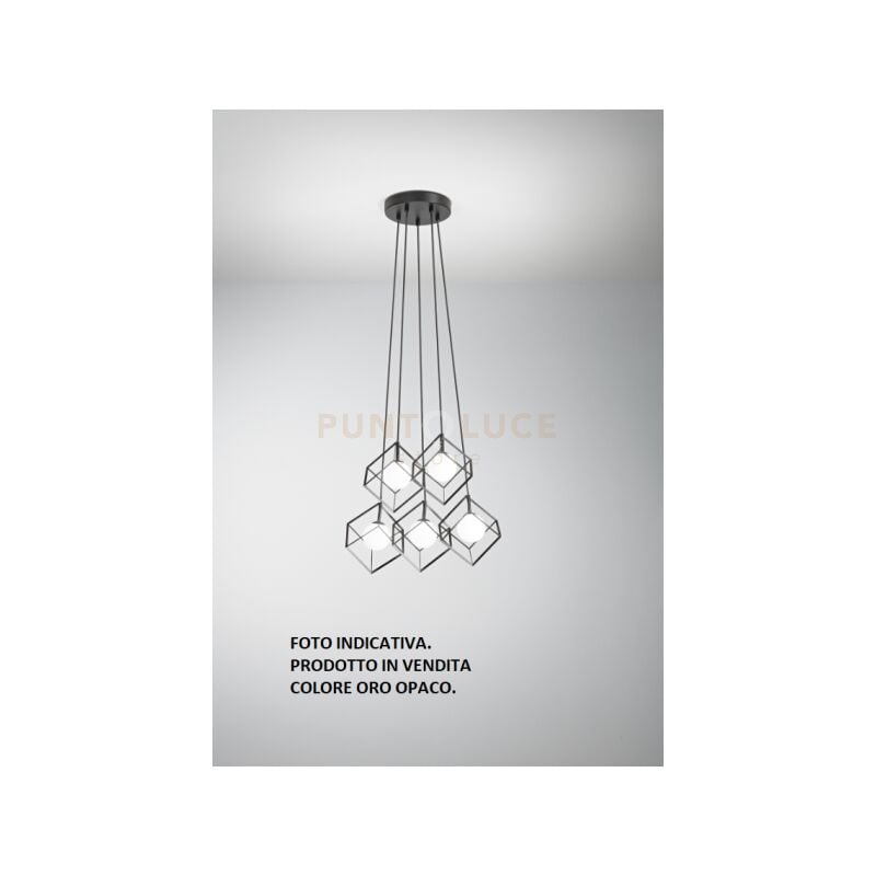 foto del prodotto cube sospensione 5 luci in metallo colore oro opaco cubica con diffusore sferico vetro bianco attacco g9