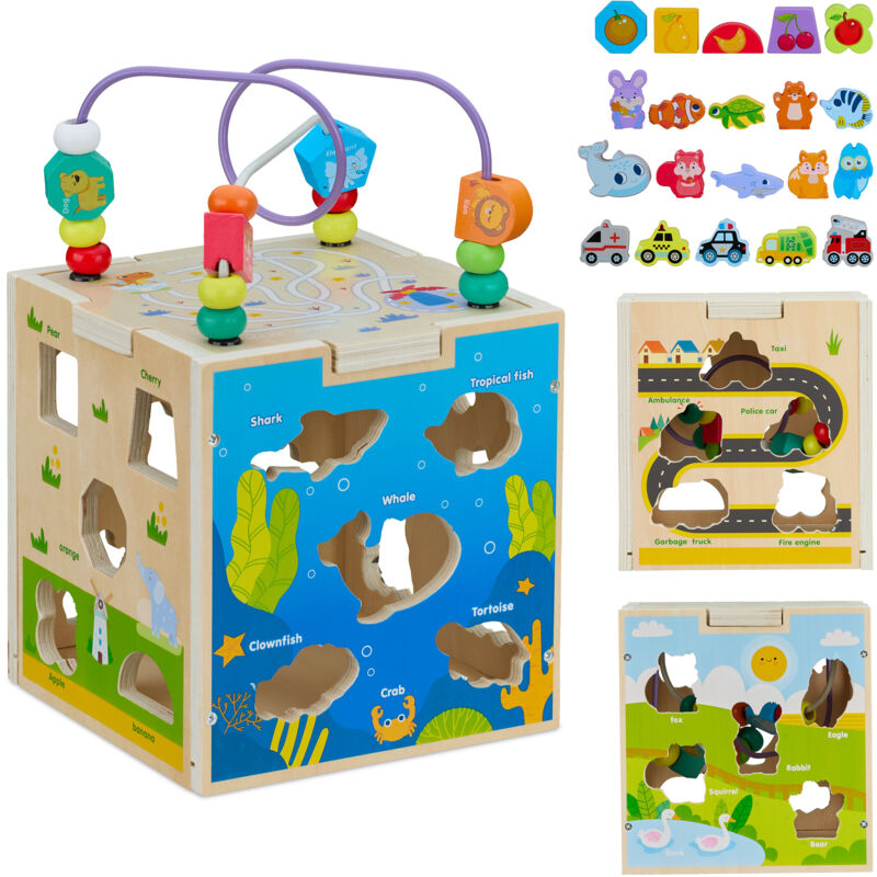 immagine 0 del prodotto cubo muliattivit legno, gioco per bambini, labirinto bimbi 3 anni, motricit neonato, design b, colorato relaxdays