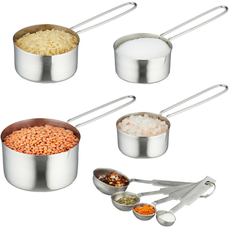foto del prodotto cucchiai dosatori, 8 contenitori graduati, acciaio inox, misuratori con misure usa e indicazioni ml, argento relaxdays
