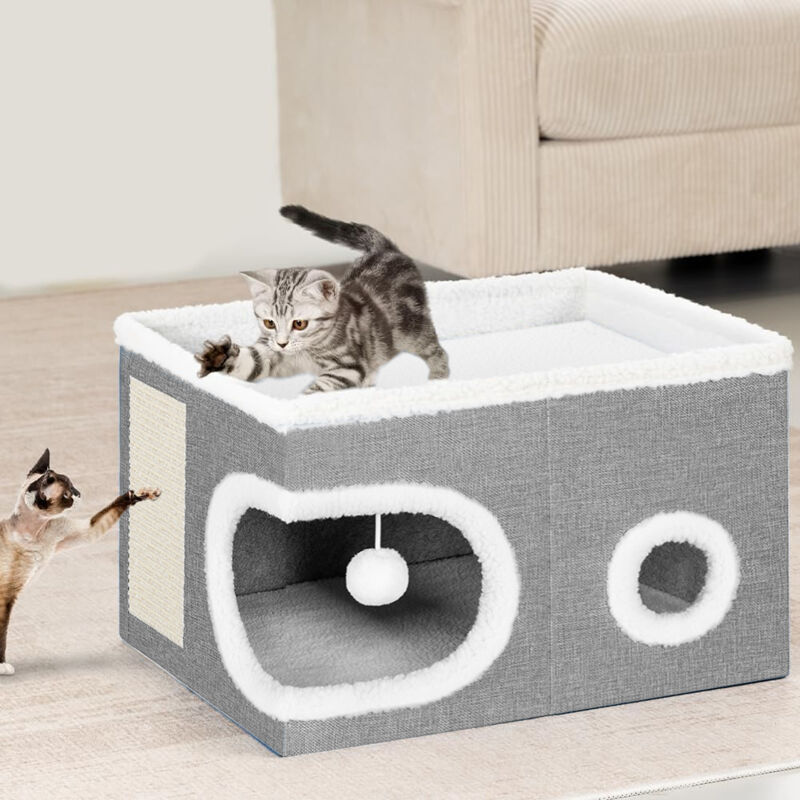 foto del prodotto cuccia casa per gatti cubo grigio tiragraffi casetta animali domestici 58x42x33cm