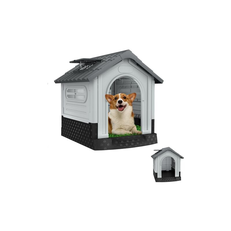 foto del prodotto cuccia per animali domestici in plastica da esterno, con griglia di ventilazione e pavimento rialzato, lucernario, 79.5x70.5x78cm, grigio aufun
