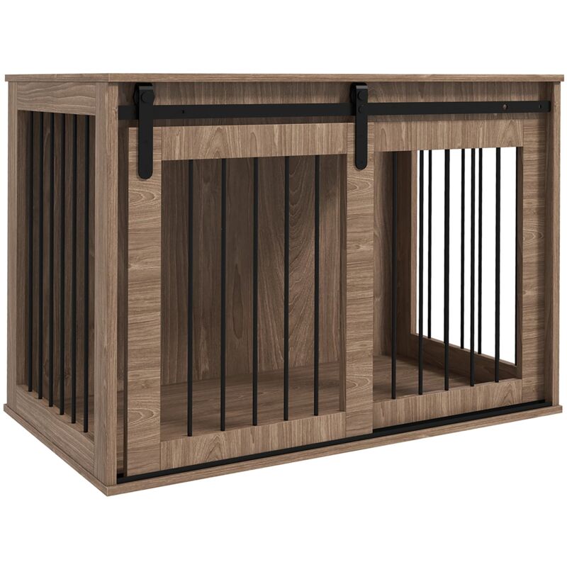 foto del prodotto cuccia per cani grandi casetta con porta scorrevole per interno 98x58x61 cm in legno marrone