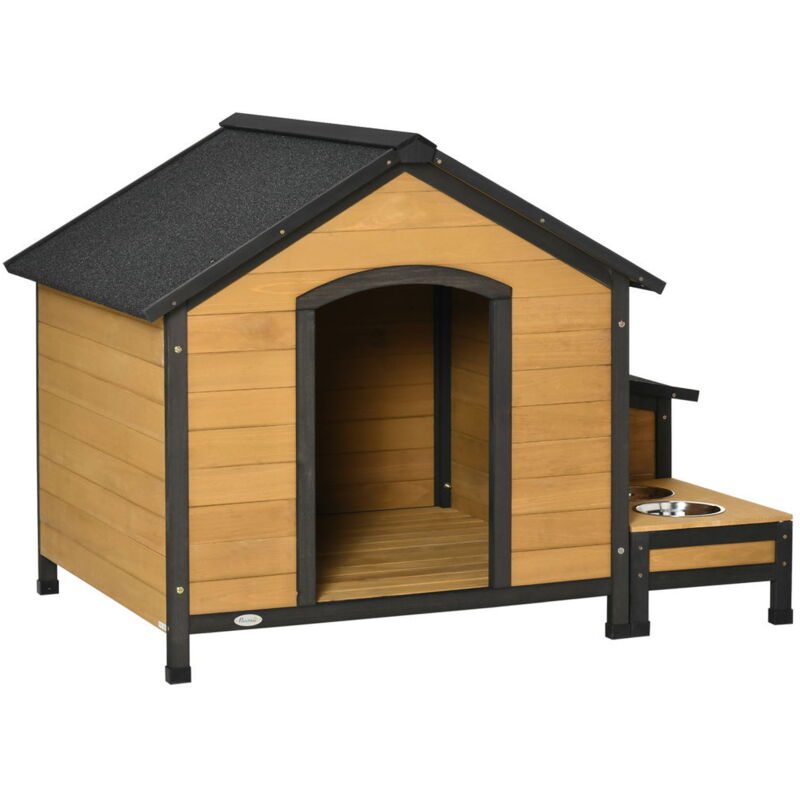 foto del prodotto cuccia per cani taglia media con 2 porta ciotole tetto in guiana 130x93x92cm