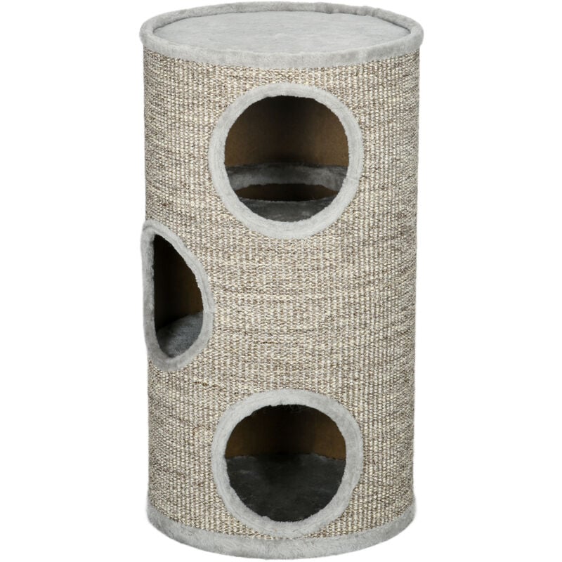 foto del prodotto cuccia per gatti 3 livelli con tiragraffi sisal e peluche grigio chiaro pawhut