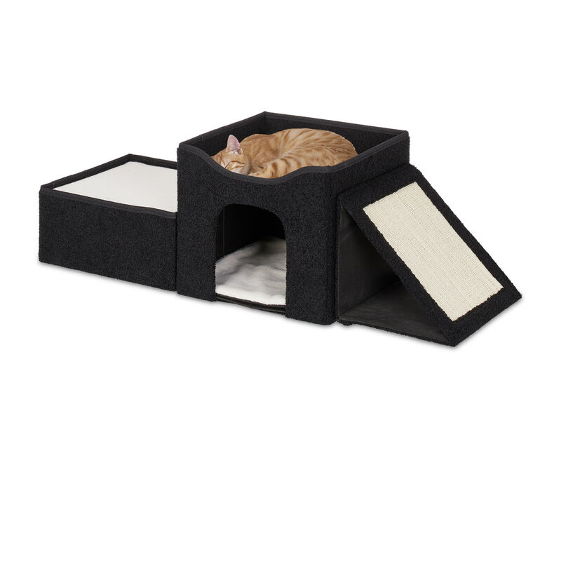 foto del prodotto cuccia per gatti, hlp 36,5 x 112 x 41 cm, casetta a 3 posti con cuscini e rampa tiragraffi, pieghevole, nero - relaxdays