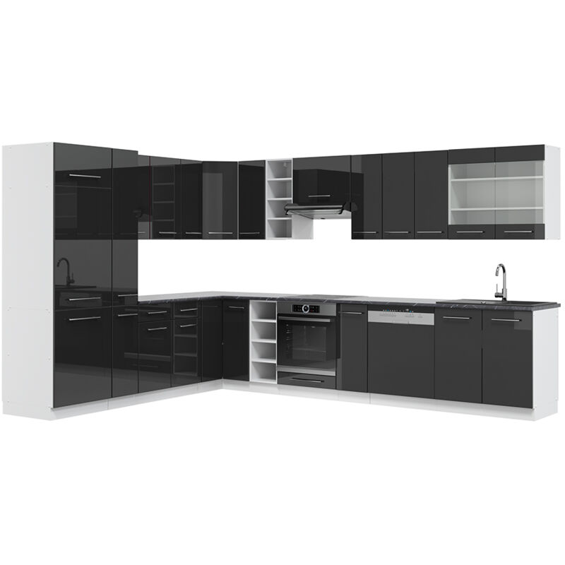 foto del prodotto cucina angolare completa fame line, antracite lucido bianco, 347 x 257 cm senza piano di lavoro, vicco