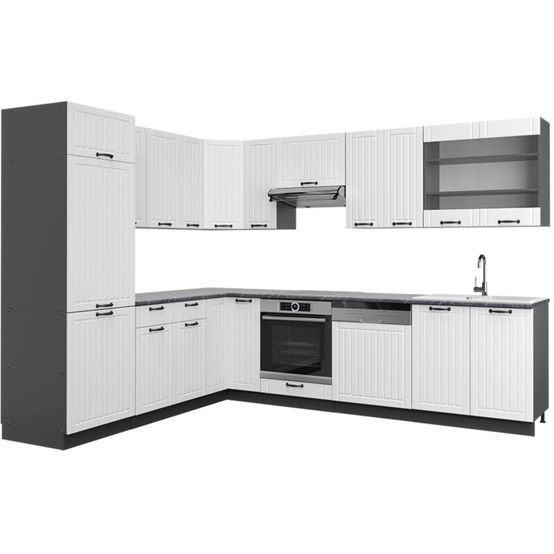 foto del prodotto cucina angolare completa fame line, bianco casa di campagna antracite, 227 x 60 cm senza piano di lavoro, vicco