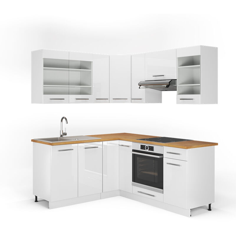 foto del prodotto cucina angolare completa fame line, bianco lucido bianco, 160 x 190 cm , pl rovere, vicco