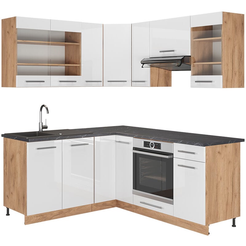 foto del prodotto cucina angolare completa fame-line, bianco lucido/oro power oak, 160 x 190 cm , pl antracite, vicco
