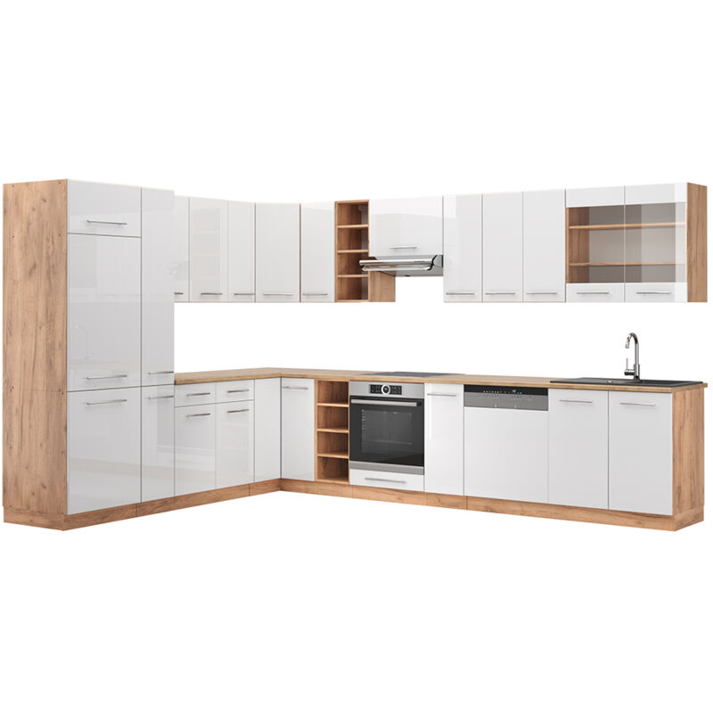 foto del prodotto cucina angolare completa fame line, bianco lucido oro power oak, 347 x 257 cm senza piano di lavoro, vicco