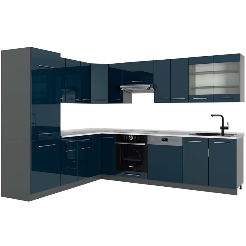 foto del prodotto cucina angolare completa fame line, blu scuro lucido antracite, 227 x 287 cm , pl marmo, vicco