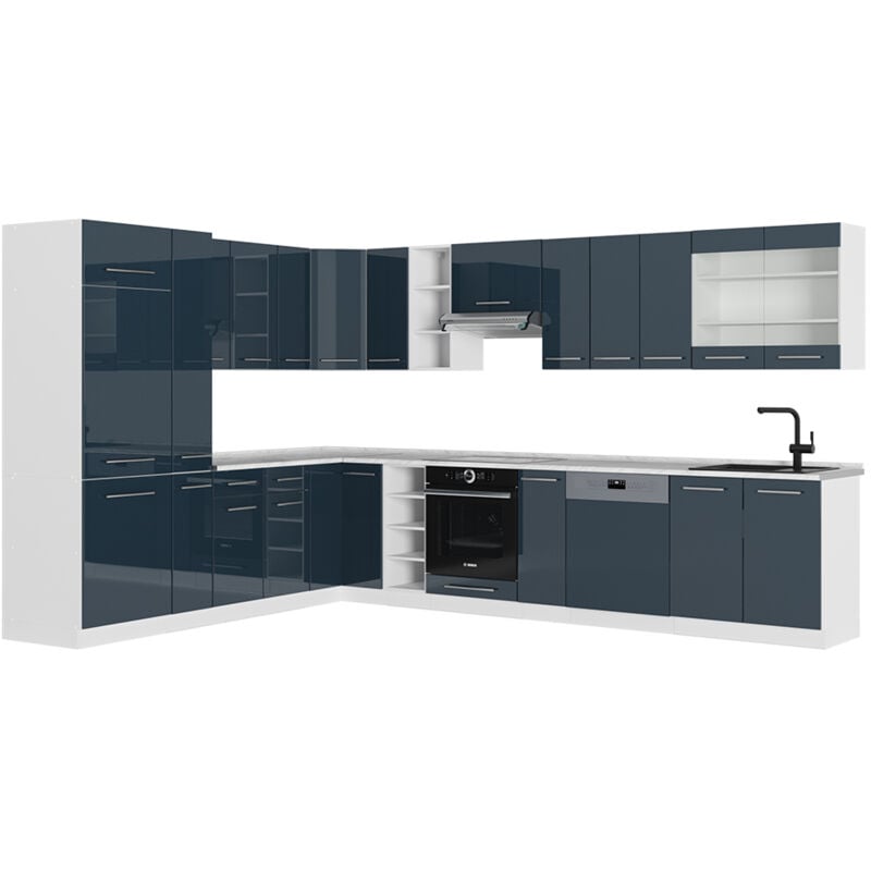 foto del prodotto cucina angolare completa fame line, blu scuro lucido bianco, 257 x 60 cm senza piano di lavoro, vicco