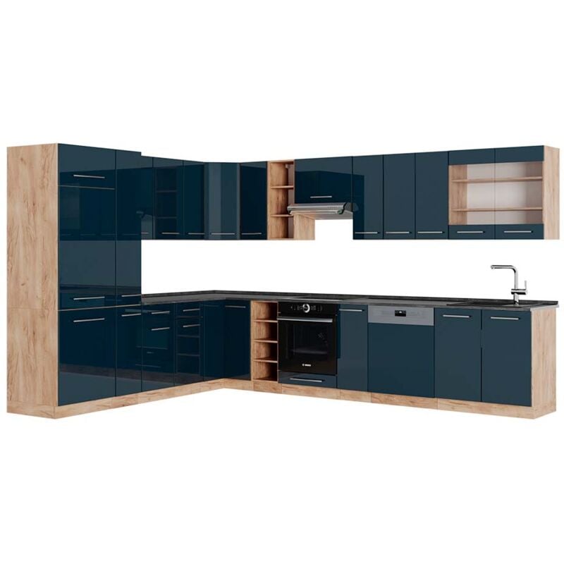 foto del prodotto cucina angolare completa fame line, blu scuro lucido rovere dorato, 257 x 60 cm , pl antracite, vicco