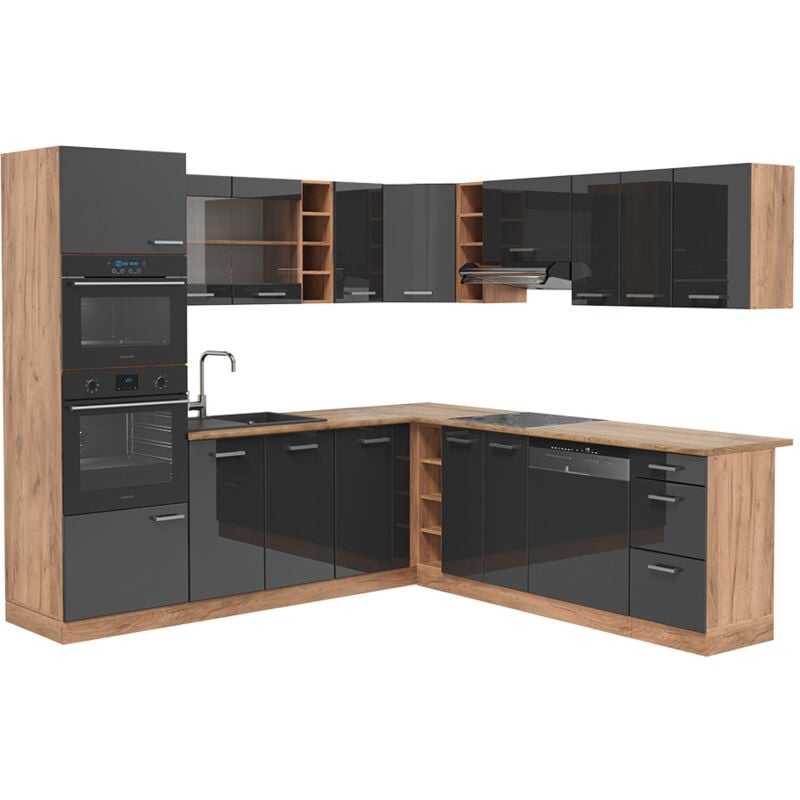 foto del prodotto cucina angolare completa r line, antracite lucido oro power oak, 237 x 247 cm , pl rovere, vicco