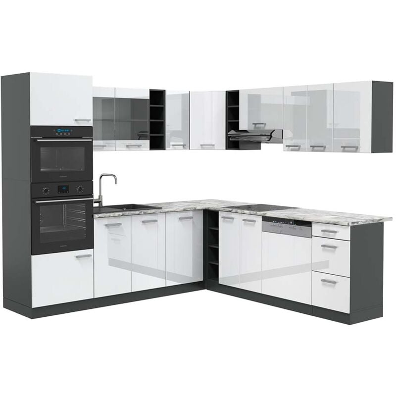 foto del prodotto cucina angolare completa r line, bianco lucido antracite, 237 x 247 cm , pl marmo, vicco
