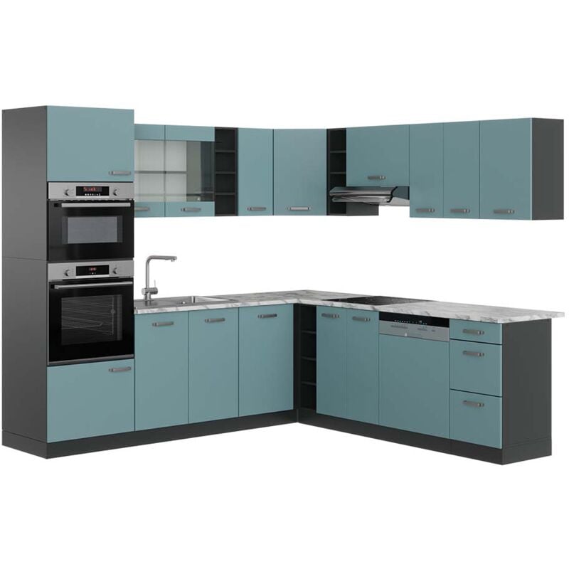 foto del prodotto cucina angolare completa r line, blu grigio antracite, 237 x 247 cm , pl marmo, vicco