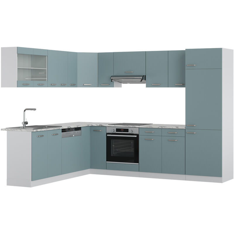 foto del prodotto cucina angolare completa r line, blu grigio bianco, 227 x 287 cm senza piano di lavoro, vicco