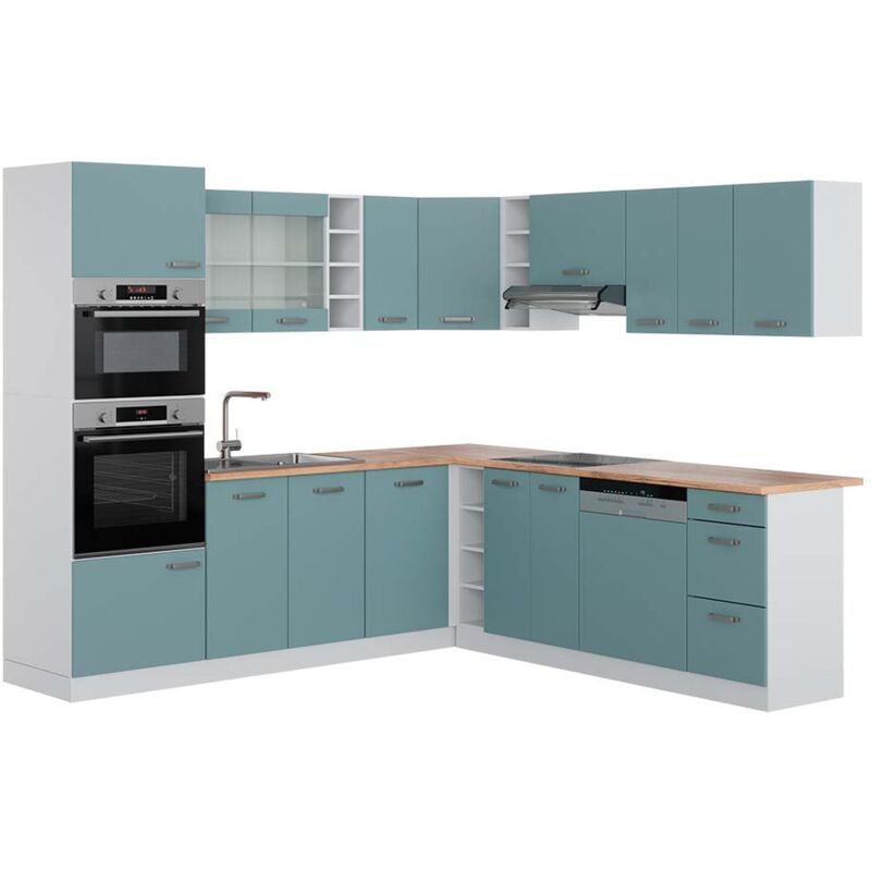 foto del prodotto cucina angolare completa r line, blu grigio bianco, 237 x 247 cm , pl rovere, vicco