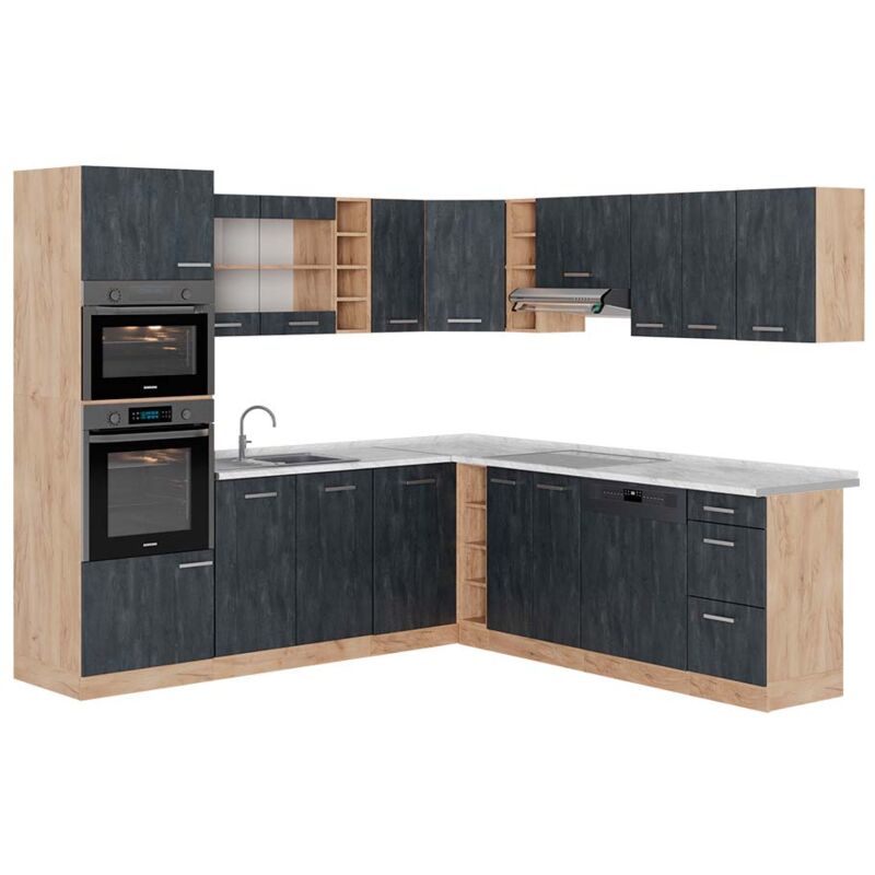 foto del prodotto cucina angolare completa r line, calcestruzzo nero quercia dorata, 237 x 247 cm pl marmo, vicco