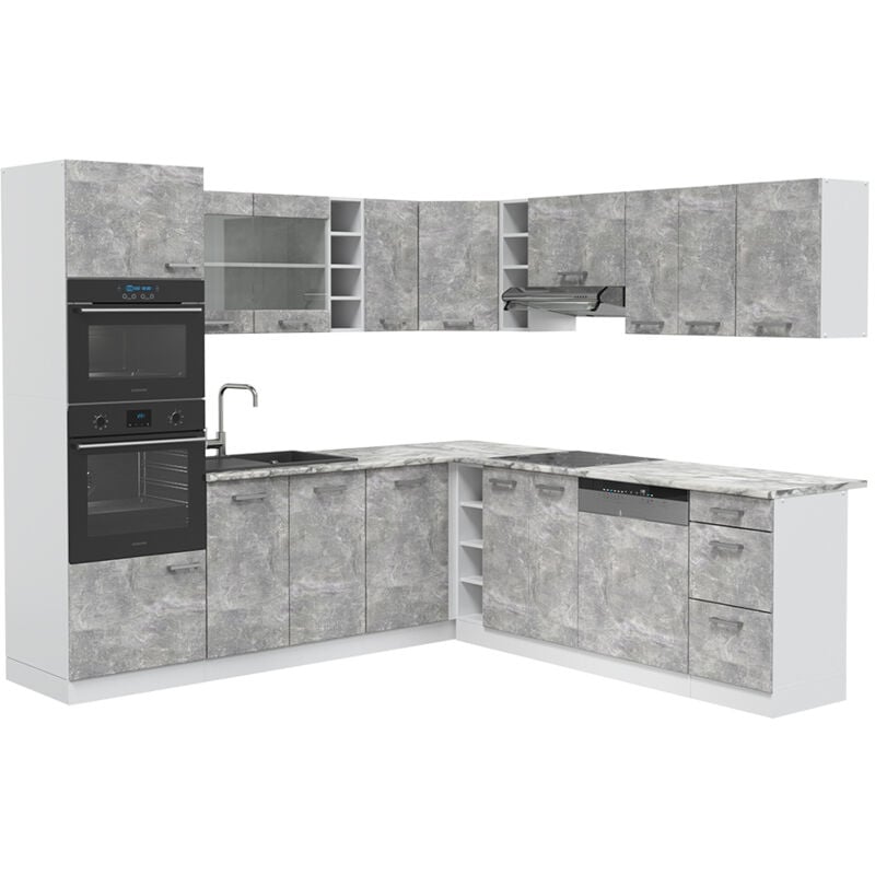 foto del prodotto cucina angolare completa r line, cemento bianco, 237 x 60 cm , pl marmo vicco