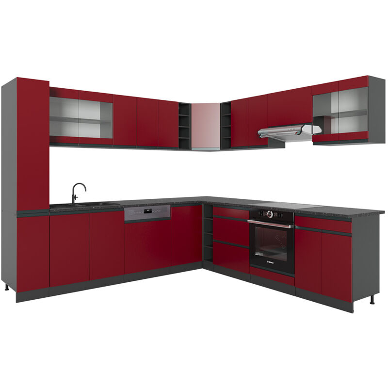 foto del prodotto cucina angolare completa r line, rosso, 257 x 60 cm forma a j vicco