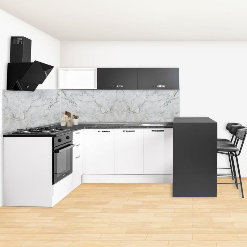 foto del prodotto cucina angolare con penisola reversibile colore bianca e nera 180x160 cm matty