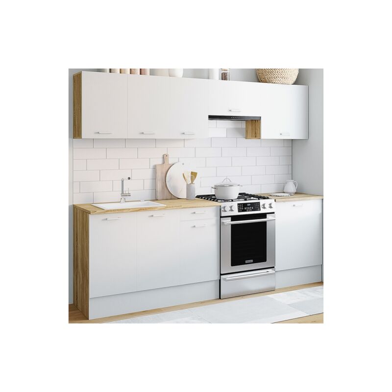 foto del prodotto cucina completa 240 cm subtil con 7 piani di lavoro in legno e bianco