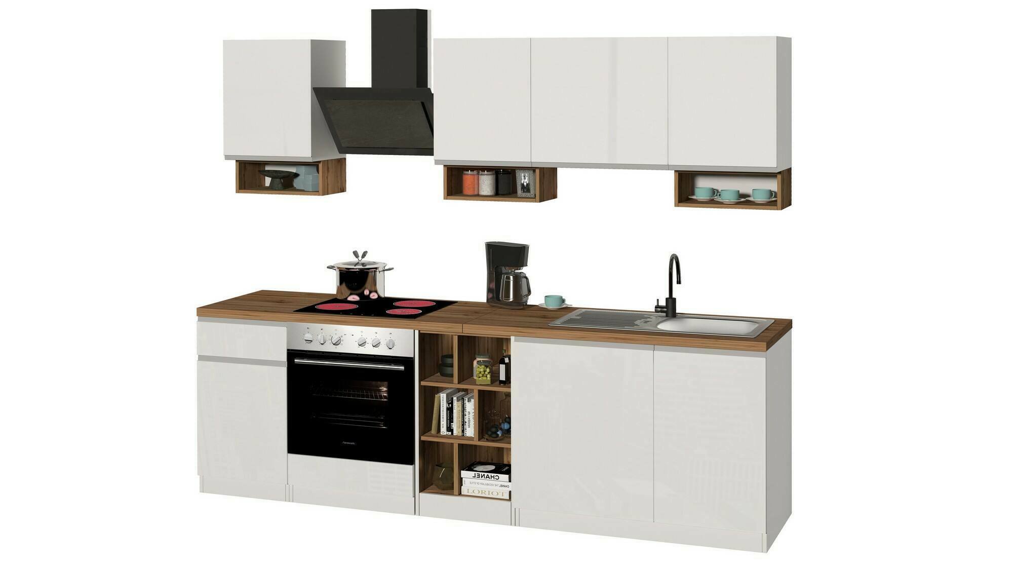 foto del prodotto cucina completa attimis, cucina pratica e salvaspazio, parete da cucina con 7 ante e 1 cassetto, 100 made in italy, 255x60h85 cm, bianco lucido e rovere