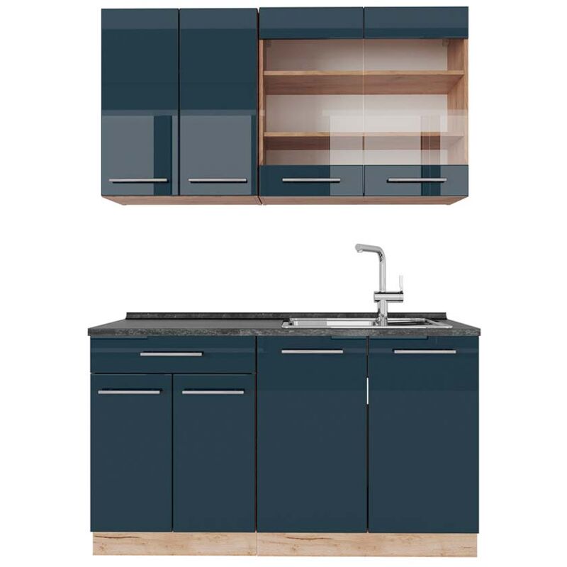 foto del prodotto cucina completa fame line, blu scuro lucido rovere dorato, 140 cm , pl antracite vicco