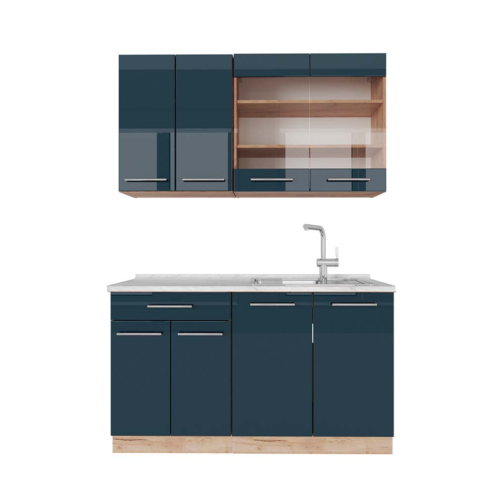 foto del prodotto cucina completa fame line, blu scuro lucido rovere dorato, 140 cm , pl marmo vicco