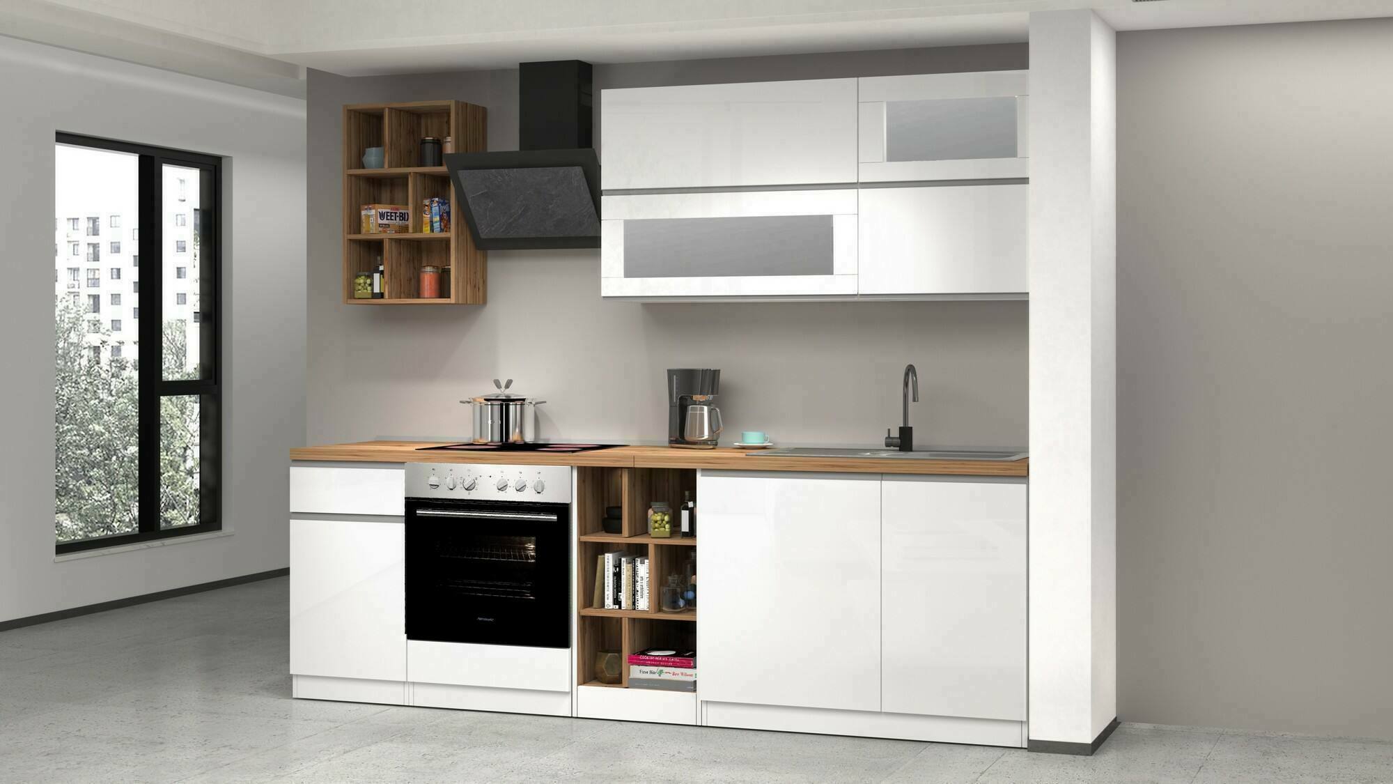 foto del prodotto cucina completa fonti, cucina pratica e salvaspazio, parete da cucina con 5 ante e 1 cassetto, 100 made in italy, 255x60h85 cm, bianco lucido e rovere