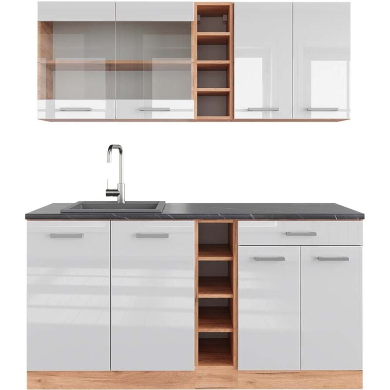 foto del prodotto cucina completa r line, bianco lucido oro power oak, 160 cm , pl antracite vicco