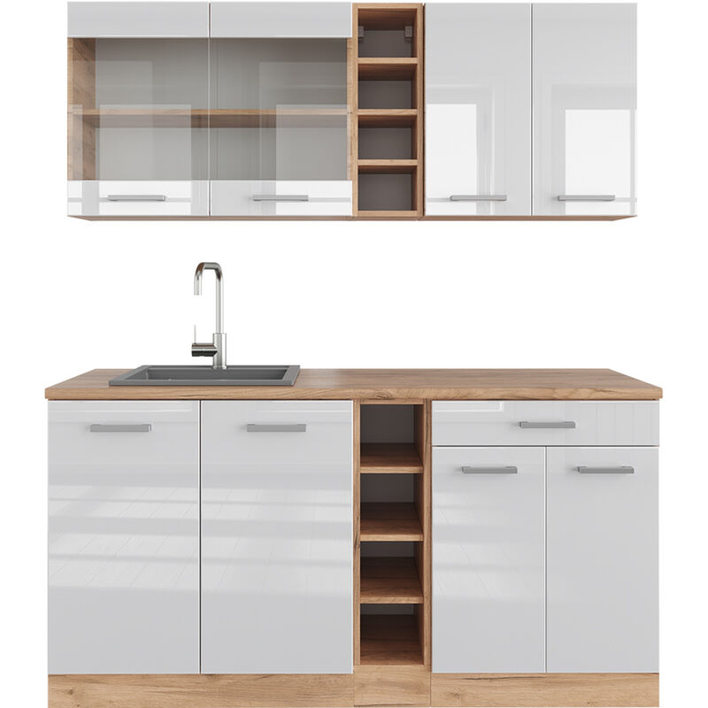 foto del prodotto cucina completa r line, bianco lucido oro power oak, 160 cm , pl rovere vicco