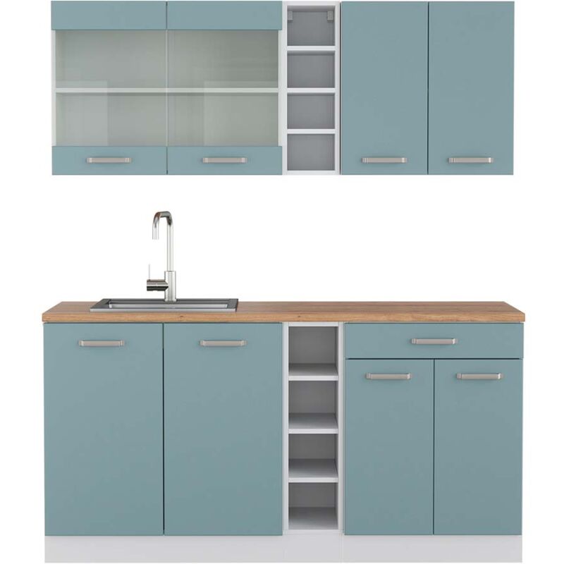 foto del prodotto cucina completa r line, blu grigio bianco, 160 cm , pl rovere vicco