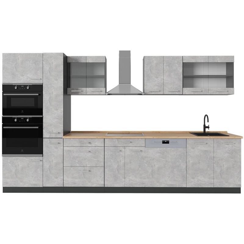 foto del prodotto cucina completa r line, calcestruzzo antracite, 350 cm , pl rovere vicco