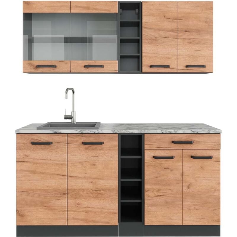 foto del prodotto cucina completa r line, quercia dorata antracite, 160 cm , pl marmo vicco