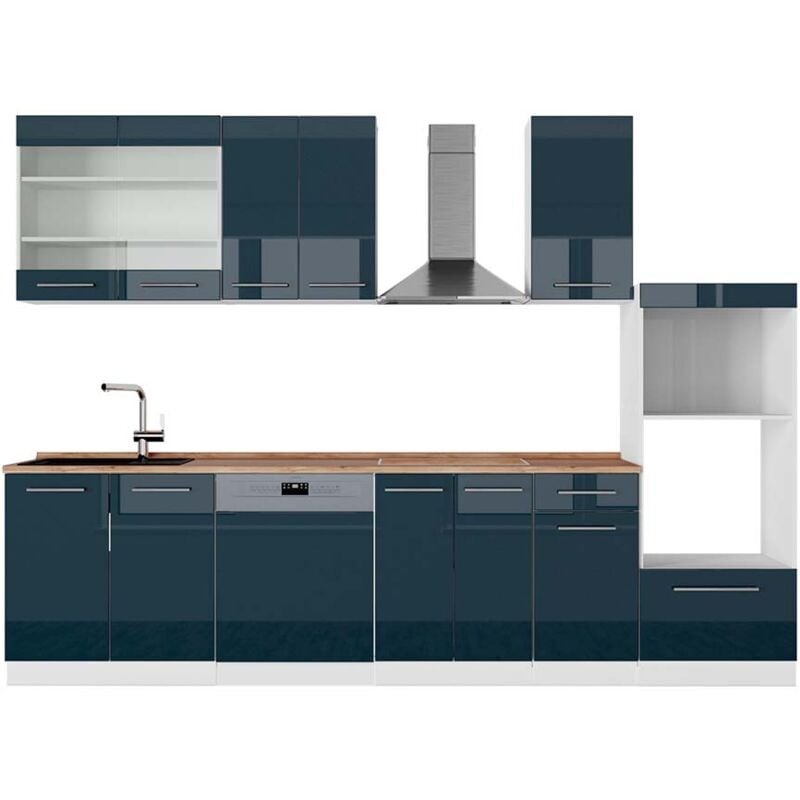 foto del prodotto cucina componibile fame line, blu scuro lucido bianco, 300 cm con armadio alto, pl rovere, vicco