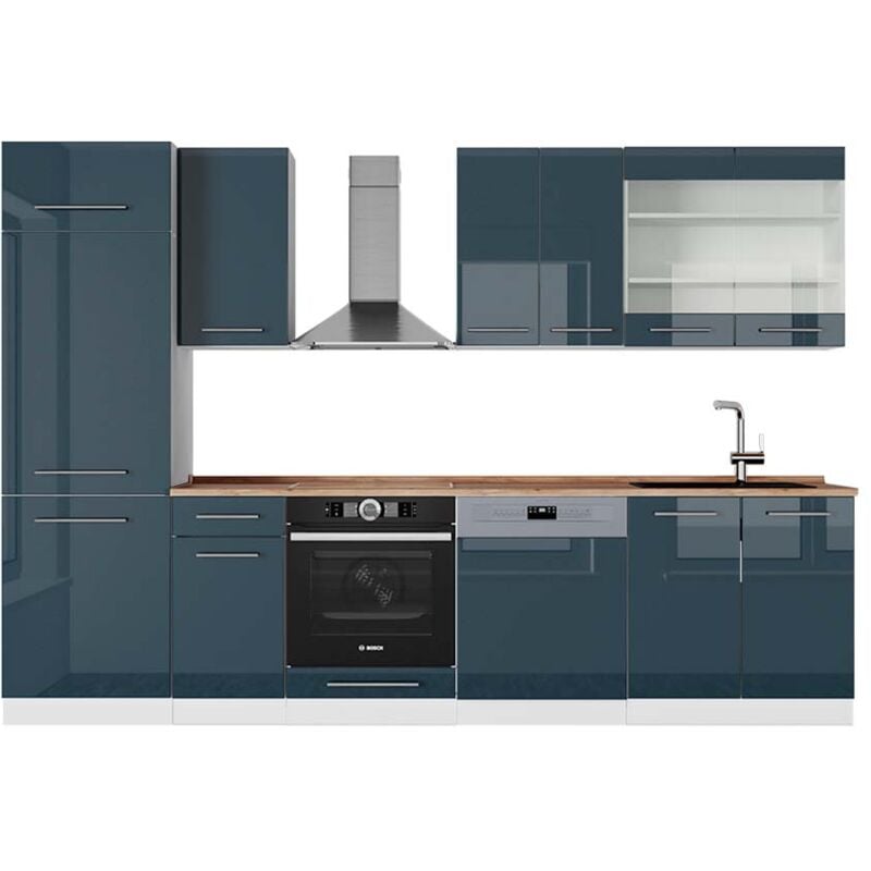 foto del prodotto cucina componibile fame line, blu scuro lucido bianco, 300 cm , pl rovere, vicco