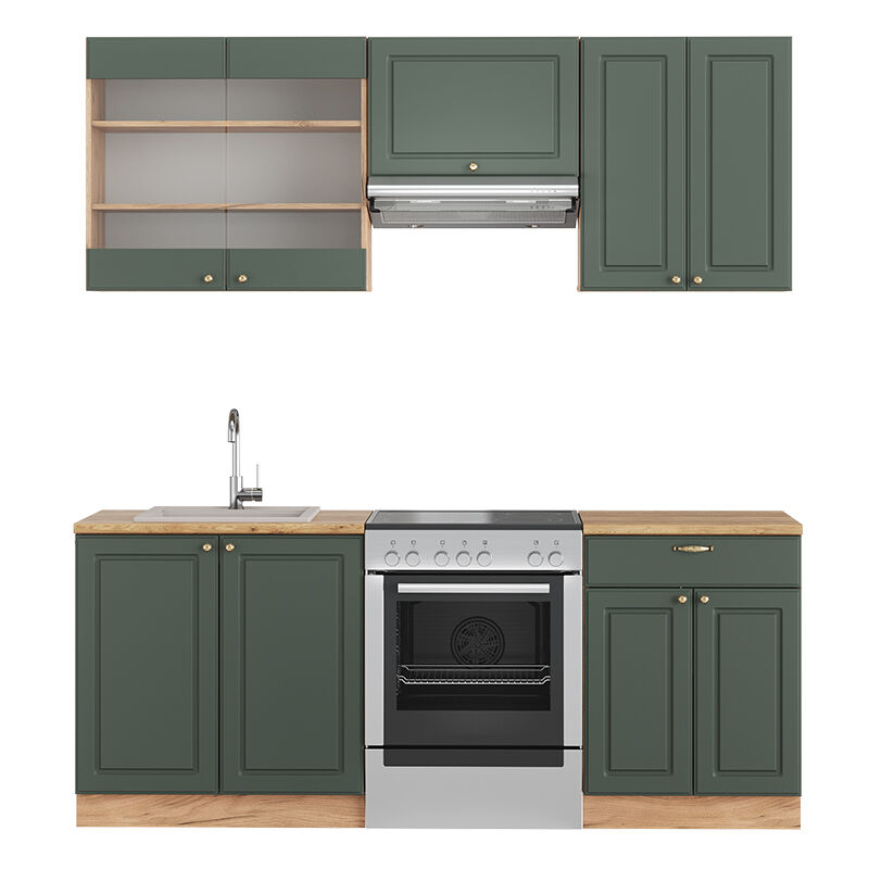 foto del prodotto cucina componibile fame line, quercia verde oro country oro power, 200 cm senza piano di lavoro vicco