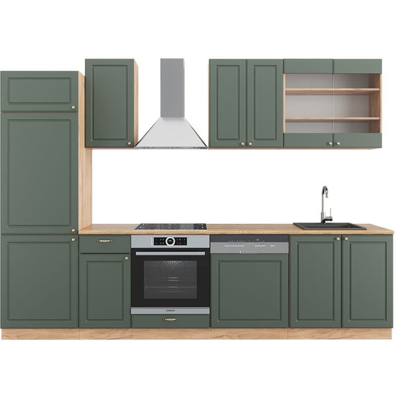 foto del prodotto cucina componibile fame line, quercia verde oro country oro power, 300 cm senza piano di lavoro vicco