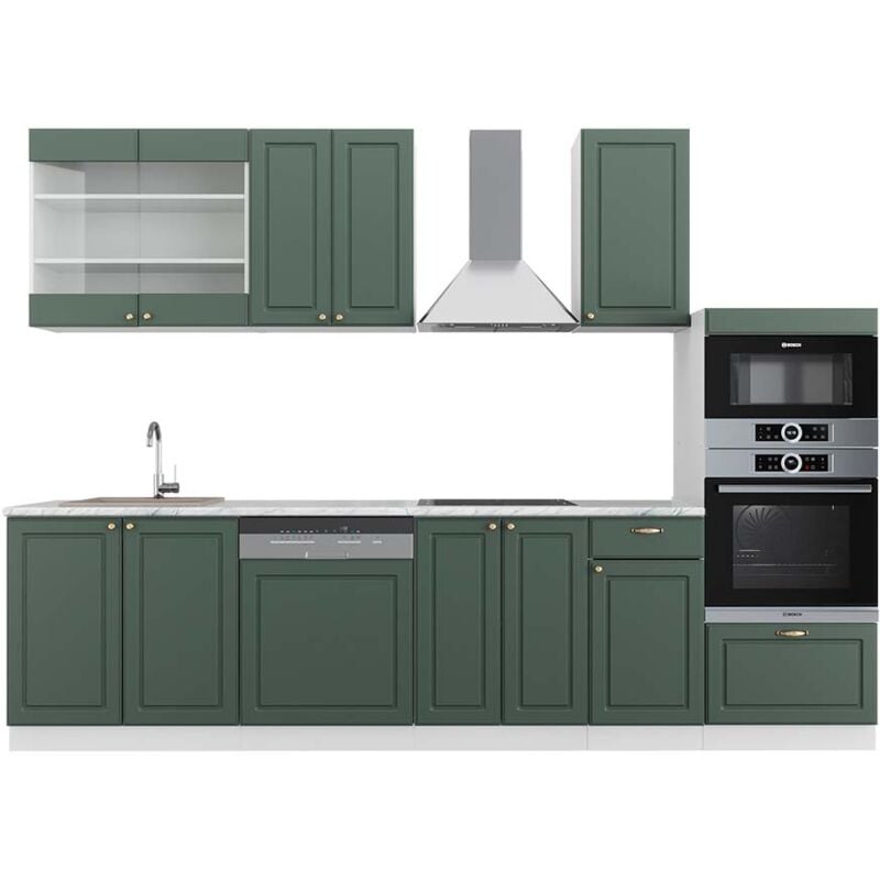 foto del prodotto cucina componibile fame line, verde oro country house bianco, 300 cm con armadio alto, pl marmo vicco