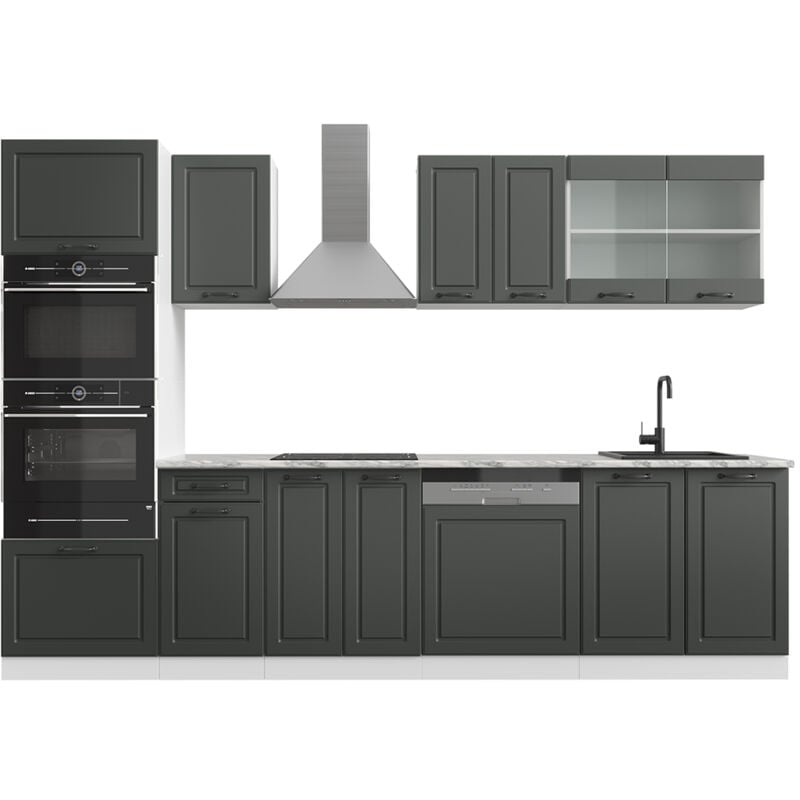 foto del prodotto cucina componibile r line, antracite casa di campagna bianco, 300 cm con armadio alto, pl marmo vicco