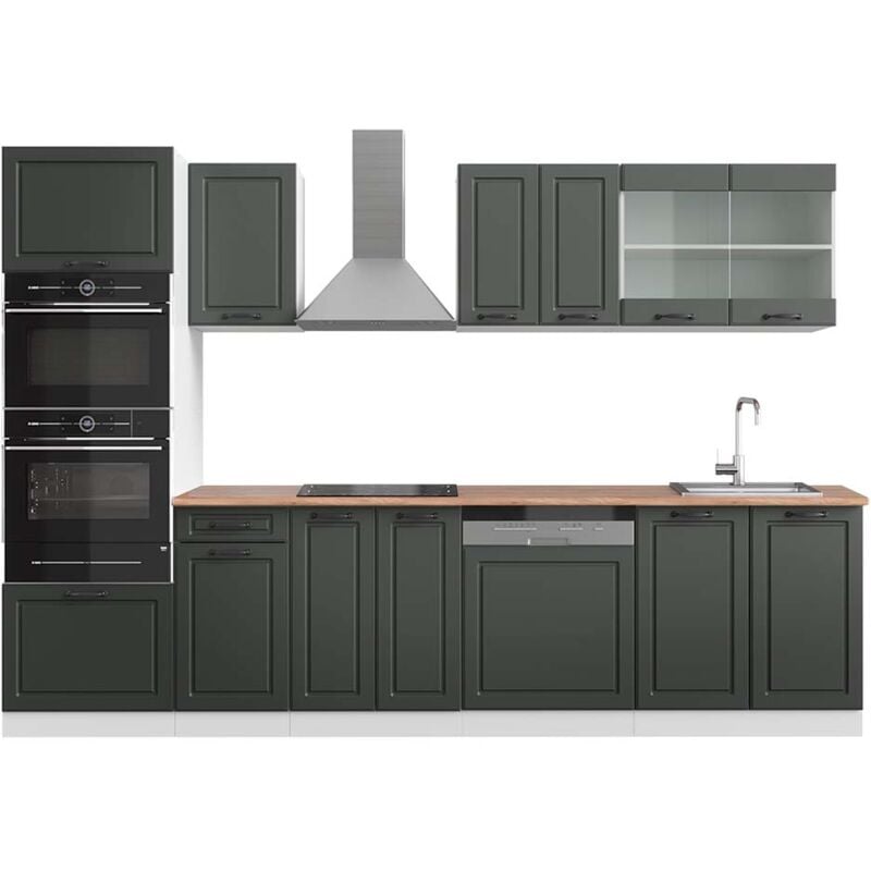 foto del prodotto cucina componibile r line, antracite casa di campagna bianco, 300 cm con armadio alto, pl rovere vicco